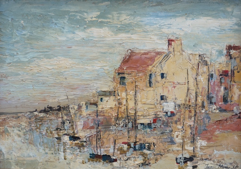 Impasto oil on board, Continental harbour scene with moored boats, indistinctly signed and dated '68, 25 x 35cm. Condition - fair